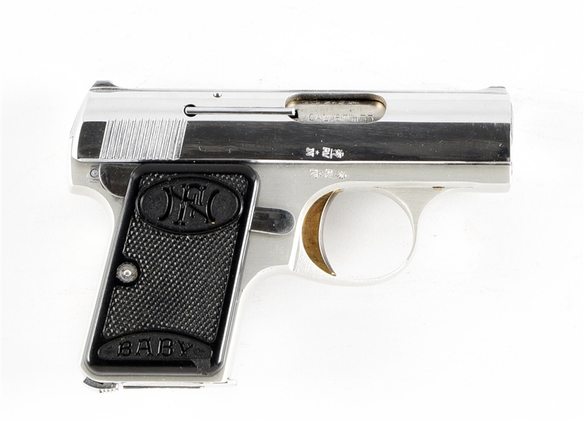 (C) NICKEL FNH BABY SEMI AUTOMATIC PISTOL WITH BOX.