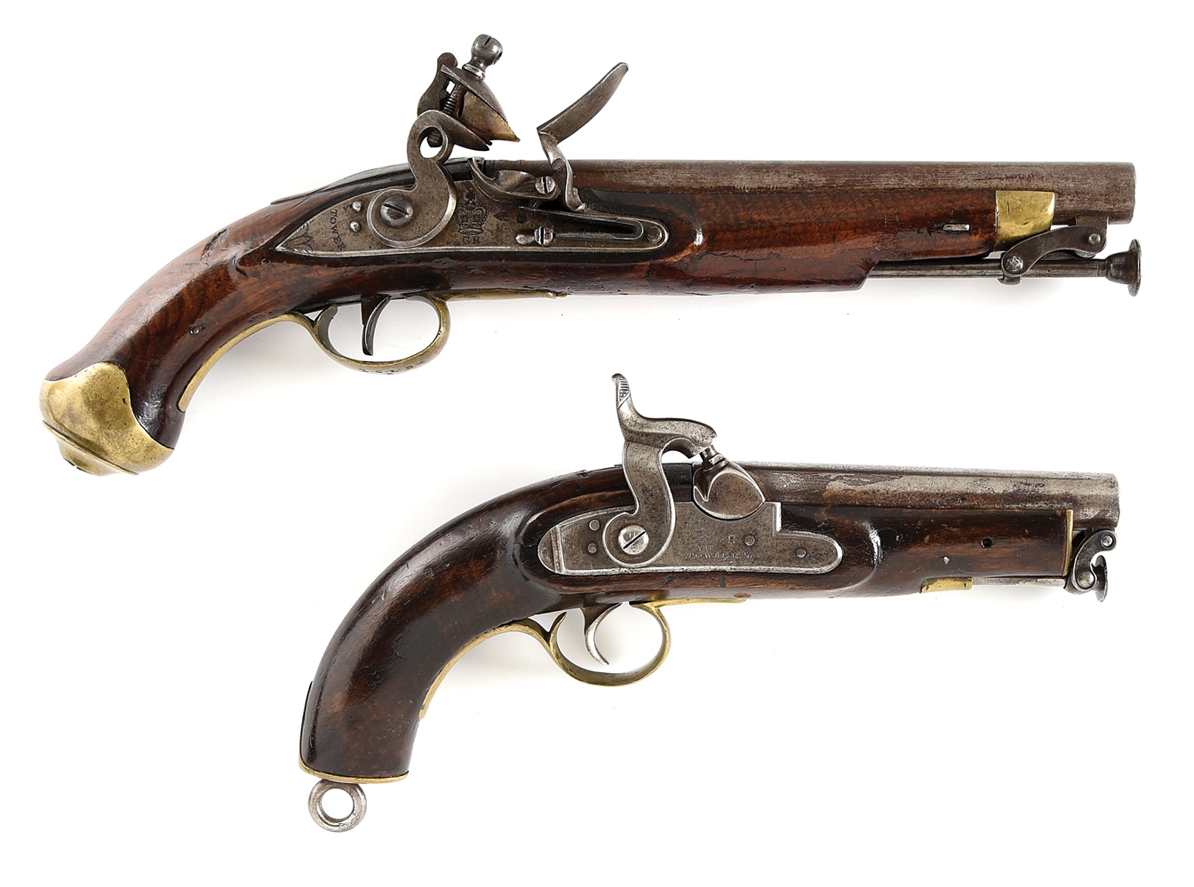 (A) LOT OF 2: UNIT MARKED NEW LAND PATTERN FLINTLOCK AND A LATER SEA SERVICE PERCUSSION PISTOLS.