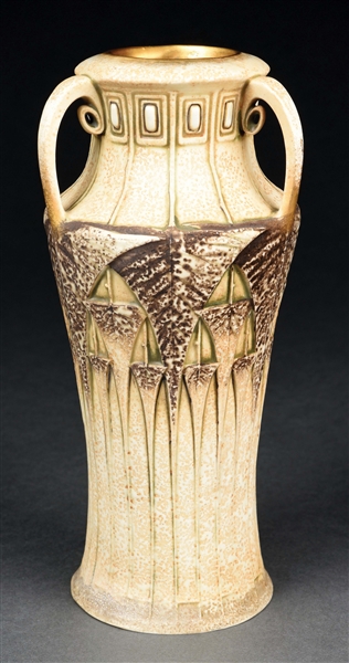 ERNEST WAHLISS PAUL DASCHEL-DESIGNED STYLIZED ARROW LEAF VASE W/ 3 STYLIZED HANDLES.