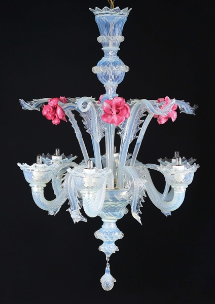 6-LIGHT BLUE VENETIAN GLASS ROSE CHANDELIER