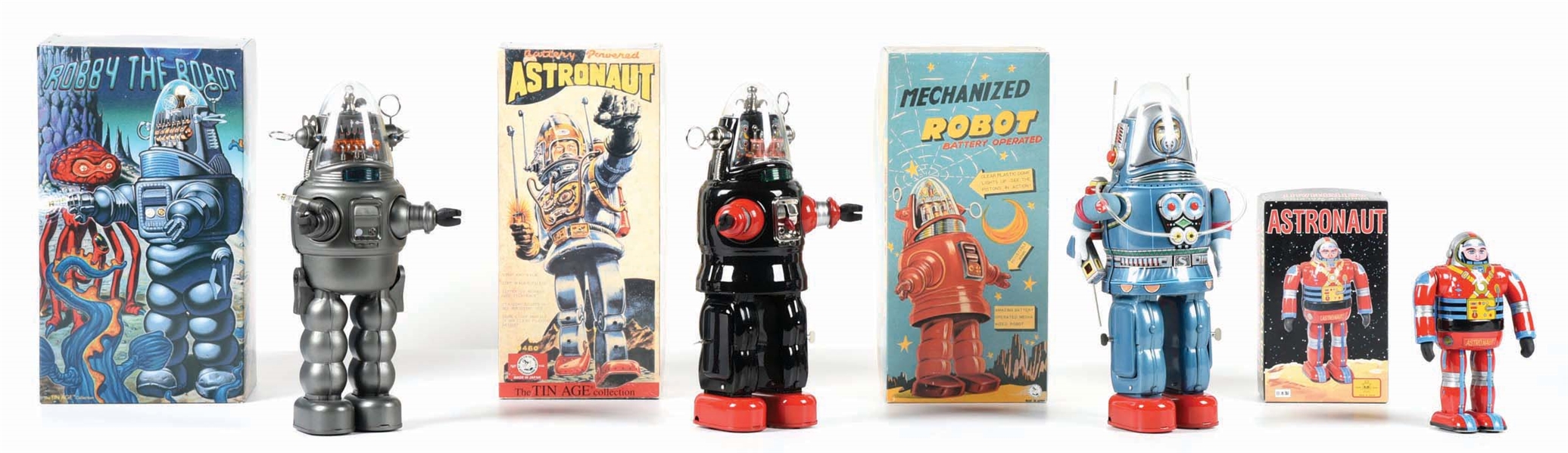LOT OF 4: MORE CONTEMPORARY TIN LITHO WIND-UP & BATTERY-OPERATED JAPANESE ROBOT & ASTRONAUT TOYS IN ORIGINAL BOXES