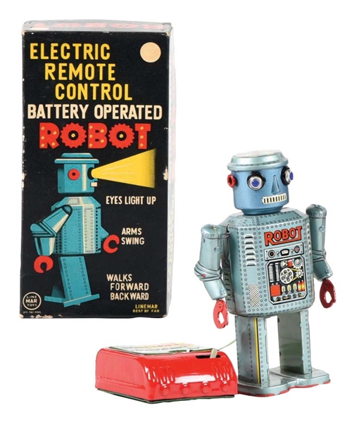 JAPANESE LINEMAR BATTERY-OPERATED REMOTE CONTROL R-35 ROBOT IN ORIGINAL BOX.