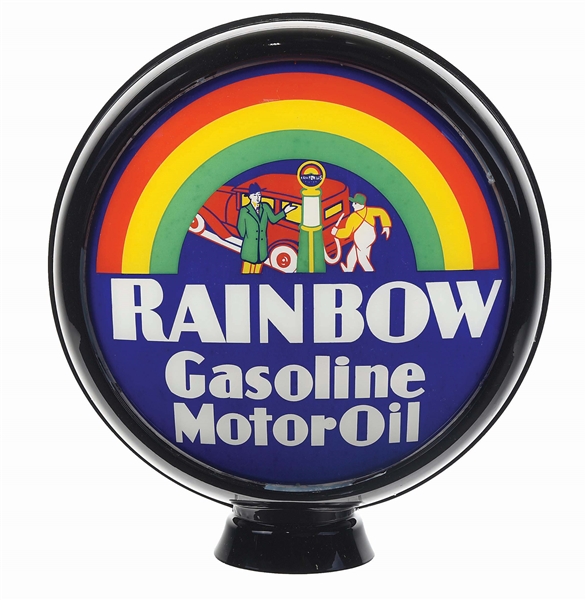 RARE RAINBOW GASOLINE & MOTOR OIL 15" SINGLE GLOBE LENS ON METAL HIGH PROFILE BODY.