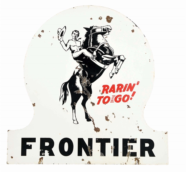 FRONTIER RARIN TO GO GASOLINE KEYHOLE PORCELAIN SIGN. 