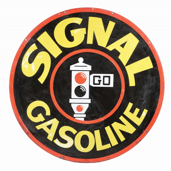 SIGNAL GASOLINE PORCELAIN SERVICE STATION SIGN W/ STOP LIGHT GRAPHIC. 