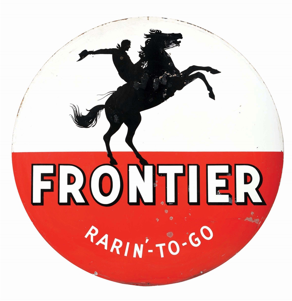 FRONTIER RARIN TO GO GASOLINE PORCELAIN SIGN W/ COWBOY GRAPHIC. 