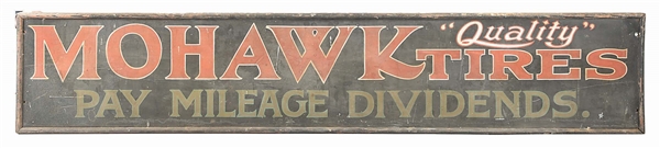MOHAWK "QUALITY" TIRES HAND PAINTED TIN SIGN W/ WOOD FRAME.