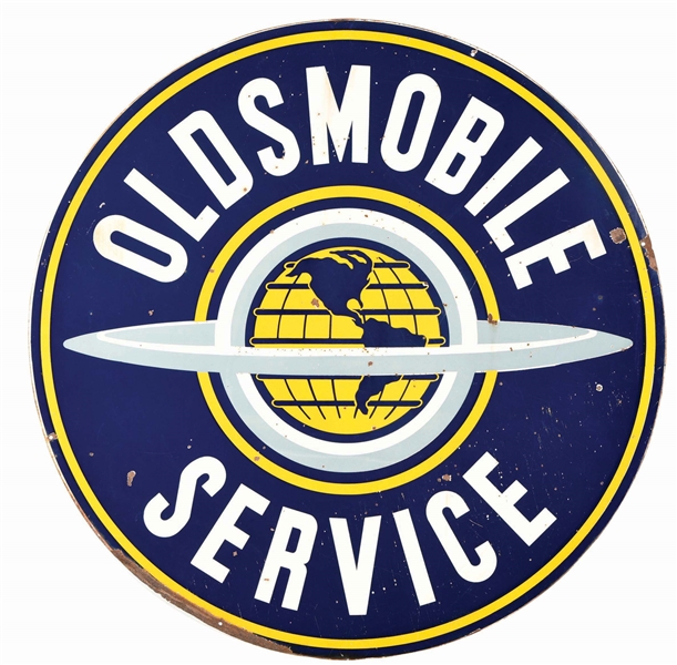 OLDSMOBILE MOTOR CARS SERVICE DOUBLE SIDED PORCELAIN SIGN.