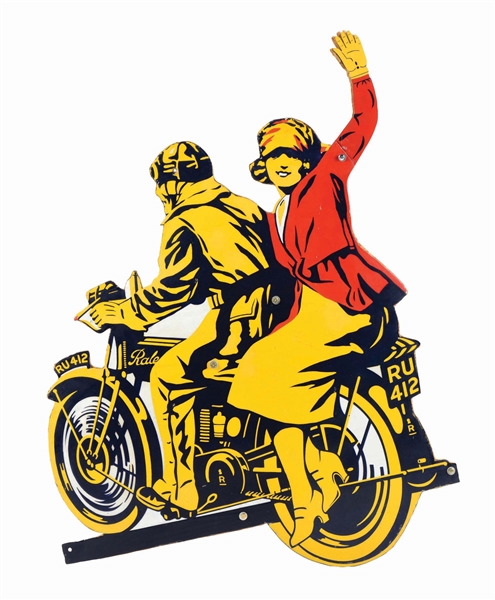 RALEIGH MOTORCYCLES DIE-CUT PORCELAIN SIGN.