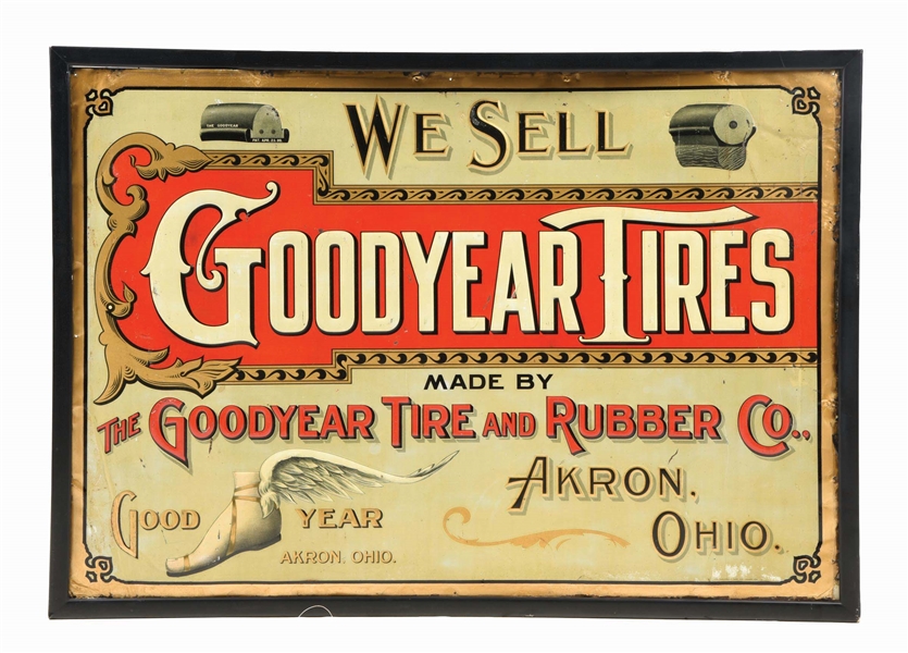 VERY RARE GOODYEAR TIRE & RUBBER COMPANY EMBOSSED TIN SIGN W/ WINGED FOOT GRAPHIC. 