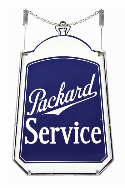 PACKARD SERVICE STATION DOUBLE SIDED PORCELAIN SIGN W/ HANGING BRACKET.