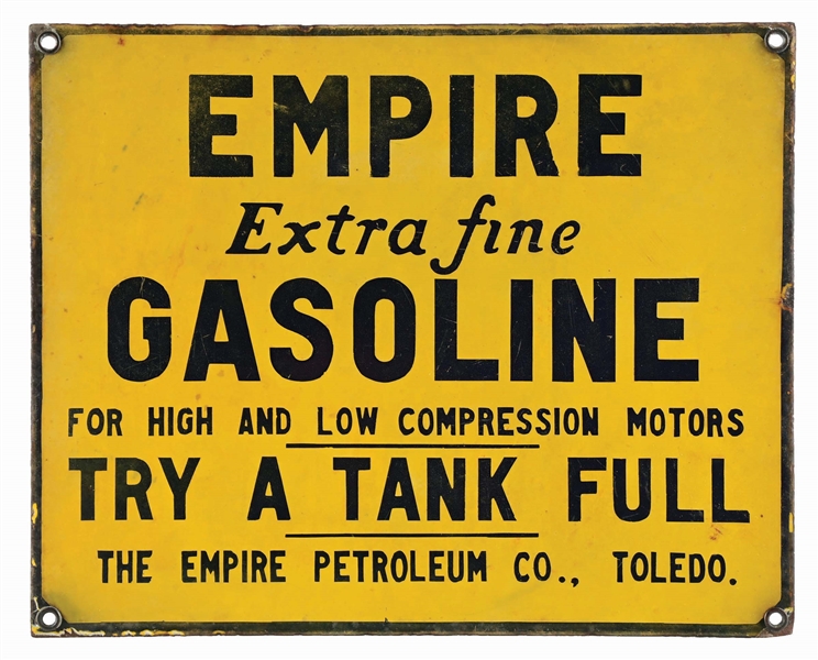 EMPIRE EXTRA FINE GASOLINE PORCELAIN SERVICE STATION SIGN.