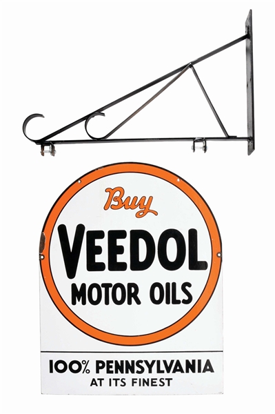 BUY VEEDOL MOTOR OIL PORCELAIN TOMBSTONE SIGN W/ IRON HANGING BRACKET. 