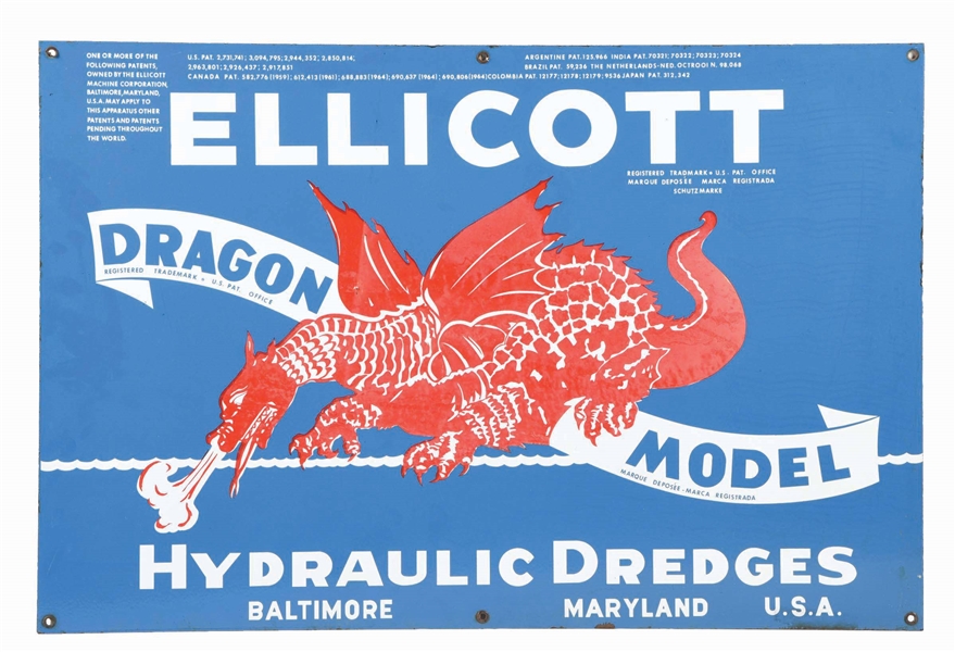 ELLICOTT DRAGON MODEL HYDRAULIC DREDGES PORCELAIN SIGN W/ DRAGON GRAPHIC. 