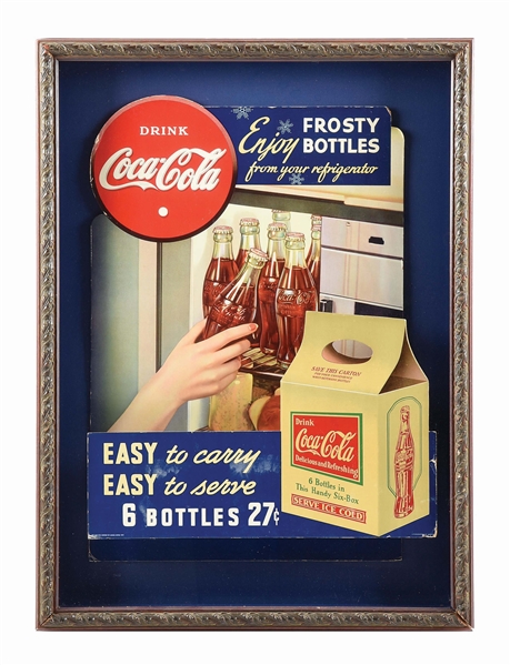 DRINK COCA-COLA "ENJOY FROSTY BOTTLES" FRAMED CARD STOCK THREE DIMENSIONAL DISPLAY. 