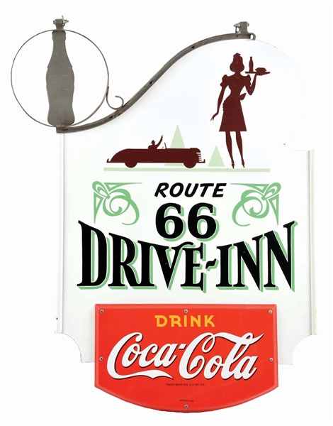 COCA-COLA CAR HOP PORCELAIN SIGN W/ ROUTE 66 GRAPHIC.