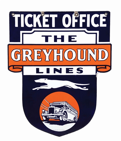 GREYHOUND BUS LINES TICKET OFFICE PORCELAIN SIGN W/ DOG GRAPHIC. 