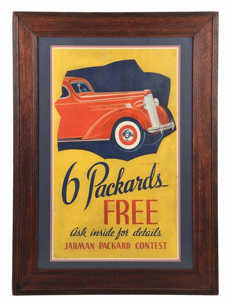 6 PACKARDS FREE JARMAN PACKARD CONTEST FRAMED POSTER W/ OAK FRAME. 