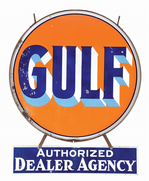 GULF AUTHORIZED DEALER PORCELAIN SERVICE STATION SIGN W/ RING.