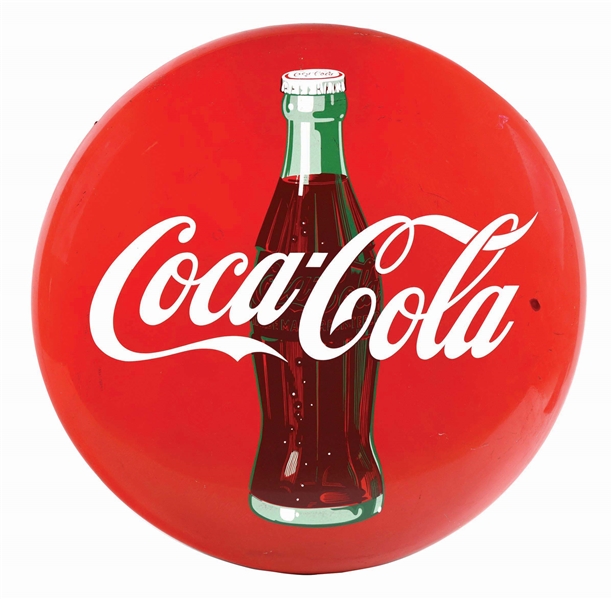 COCA-COLA PORCELAIN BUTTON SIGN W/ BOTTLE GRAPHIC.