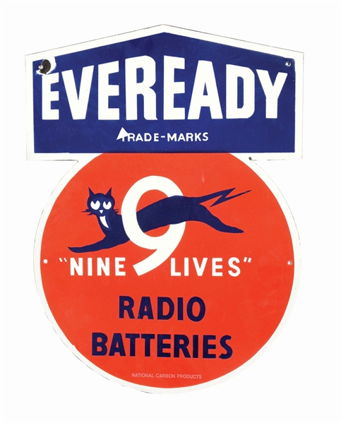 EVEREADY "NINE LIVES" RADIO BATTERIES PORCELAIN SIGN.