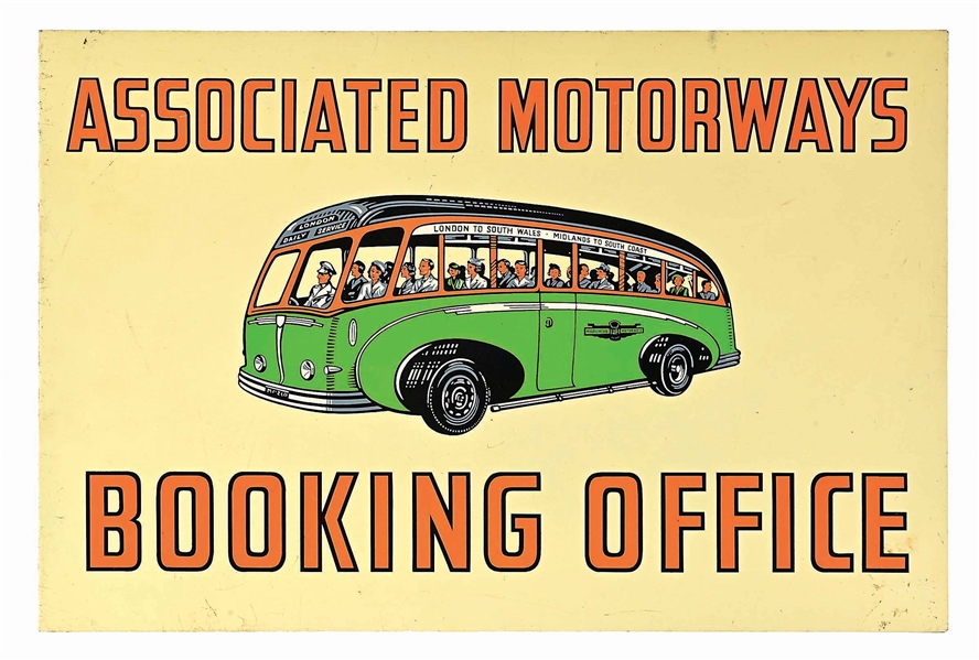 ASSOCIATED MOTORWAYS "LONDON TO NEW SOUTH WALES" BOOKING OFFICE TIN FLANGE SIGN. 