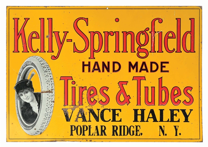 RARE KELLY-SPRINGFIELD TIRES & TUBES EMBOSSED TIN SIGN W/ LOTTA MILES GRAPHIC. 