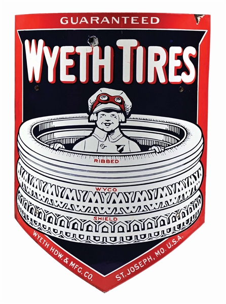 WYETH TIRES CURVED PORCELAIN SERVICE STATION SIGN W/ "BOY IN THE TIRES" GRAPHIC. 