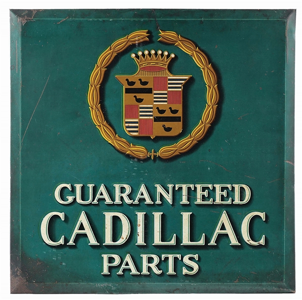 GUARANTEED CADILLAC PARTS TIN OVER CARDBOARD SIGN W/ CREST GRAPHIC. 
