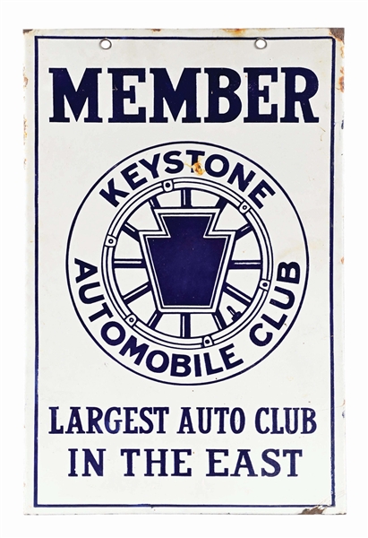 KEYSTONE AUTOMOBILE CLUB "MEMBER" PORCELAIN SIGN W/ WHEEL GRAPHIC.