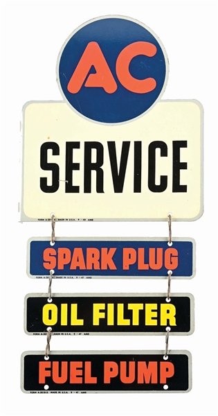 AC SERVICE TIN SERVICE STATION FLANGE SIGN W/ THREE TIER CHAIN ATTACHMENT SIGNS. 