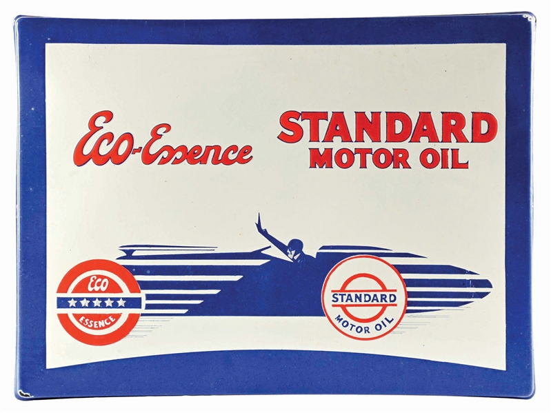 STANDARD MOTOR OIL "ECO-ESSENCE" PORCELAIN SIGN W/ RACE CAR GRAPHIC. 