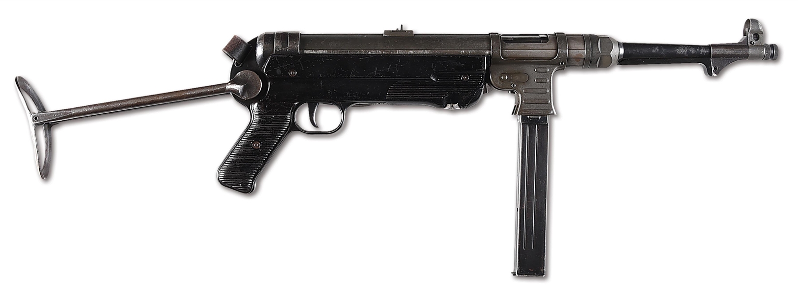 (N) GRAY PHOSPHATE FINISHED RECEIVER STEYR MANUFACTURED “42” DATE MP-40 MACHINE GUN WITH EARLY TRANSITION MAGAZINE HOUSING (CURIO & RELIC).