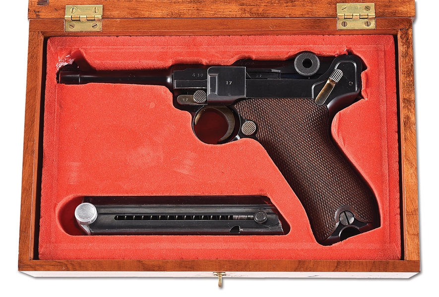 (C) MAUSER S/42 CODE P.08 LUGER SEMI-AUTOMATIC PISTOL WITH MATCHING MAGAZINE AND HOLSTER.