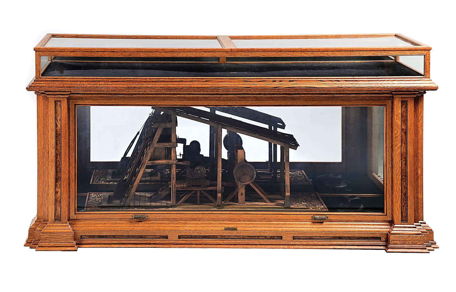 FAIRBANKS & CO. 2-PIECE OAK WOOD MINING DISPLAY CASE WITH WOODEN MODEL FROM CALIFORNIA MINE.