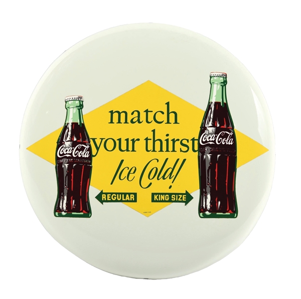 TIN COCA-COLA WHITE BUTTON SIGN W/ DECAL GRAPHIC. 