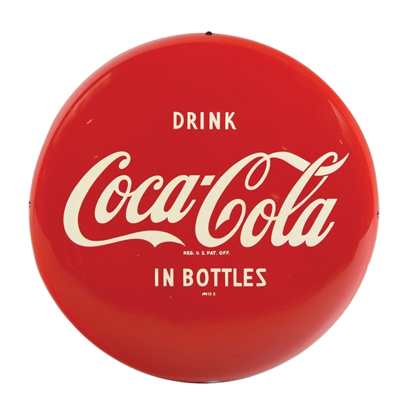 TIN COCA-COLA "IN BOTTLES" BUTTON SIGN. 