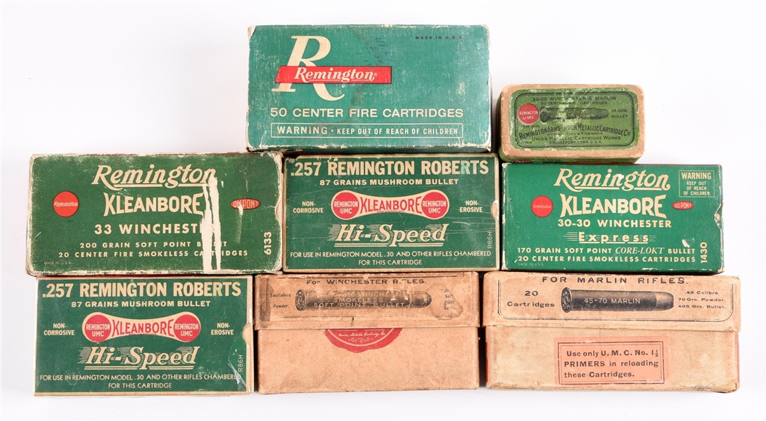 LOT OF 8: BOXES OF COLLECTIBLE REMINGTON AND UMC RIFLE AMMUNITION.