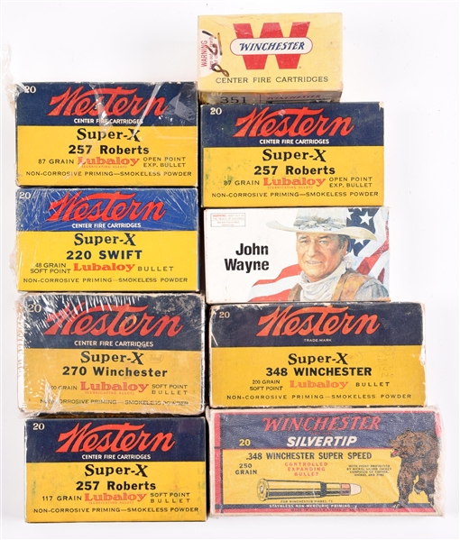 LOT OF 9: COLLECTIBLE BOXES OF WINCHESTER AND WESTERN RIFLE AMMUNITION.