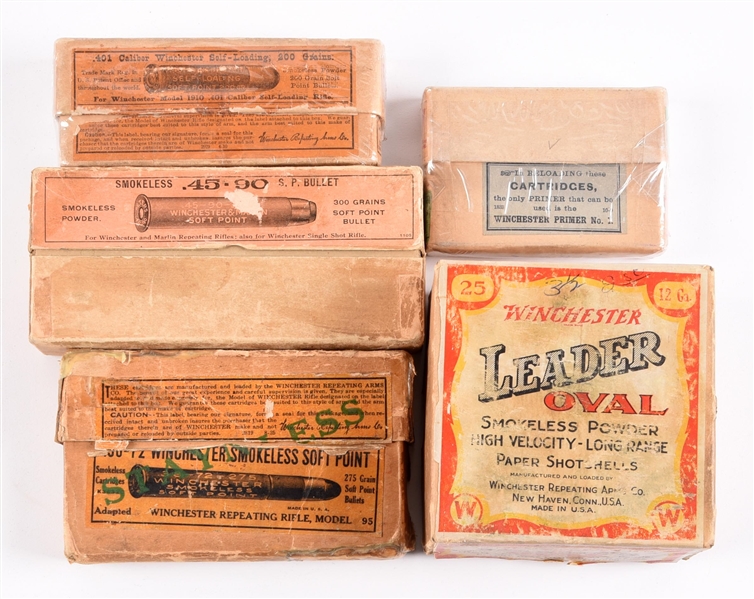 LOT OF 5: ANTIQUE BOXES OF WINCHESTER AMMUNITION.