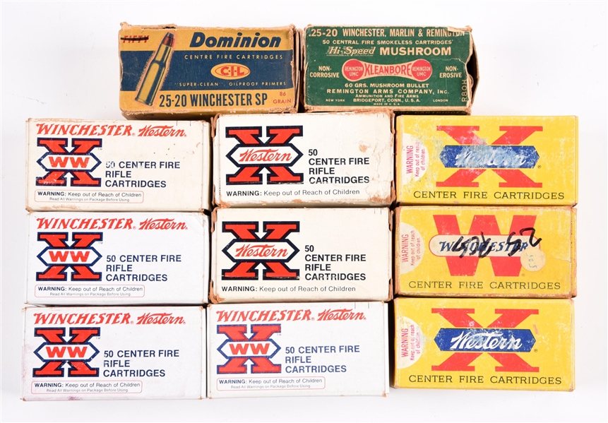 LOT OF 11: BOXES OF .25-20 AMMUNITION.