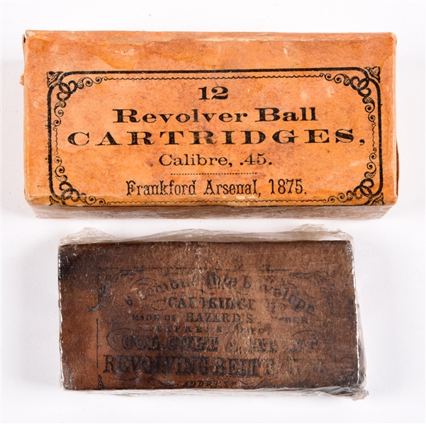 LOT OF 2: 1875 FRANKFORT ARSENAL .45 COLT BOX AND COLT CARTRIDGE PACKET.