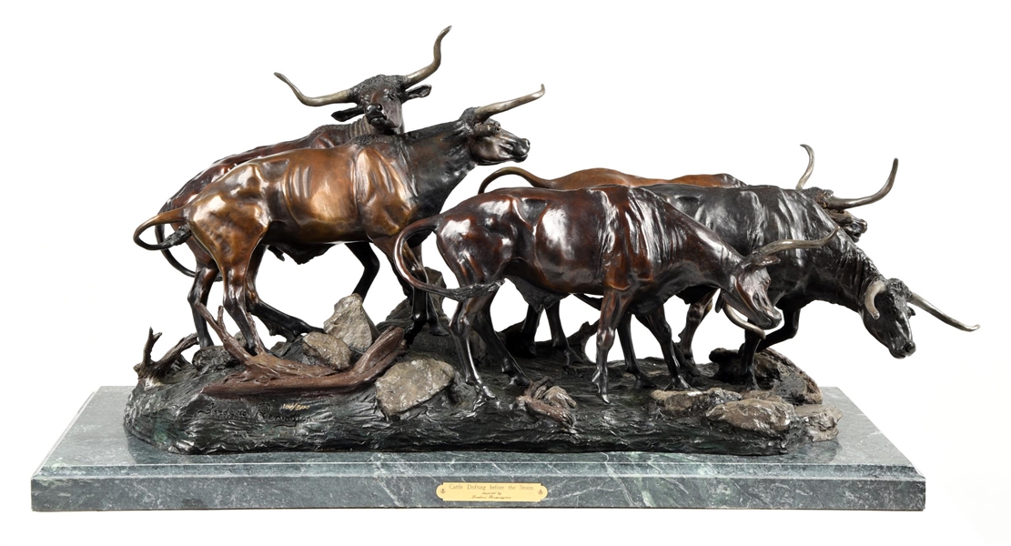 "CATTLE DRIFTING BEFORE THE STORM" FREDERIC REMINGTON INSPIRED BRONZE STATUE.
