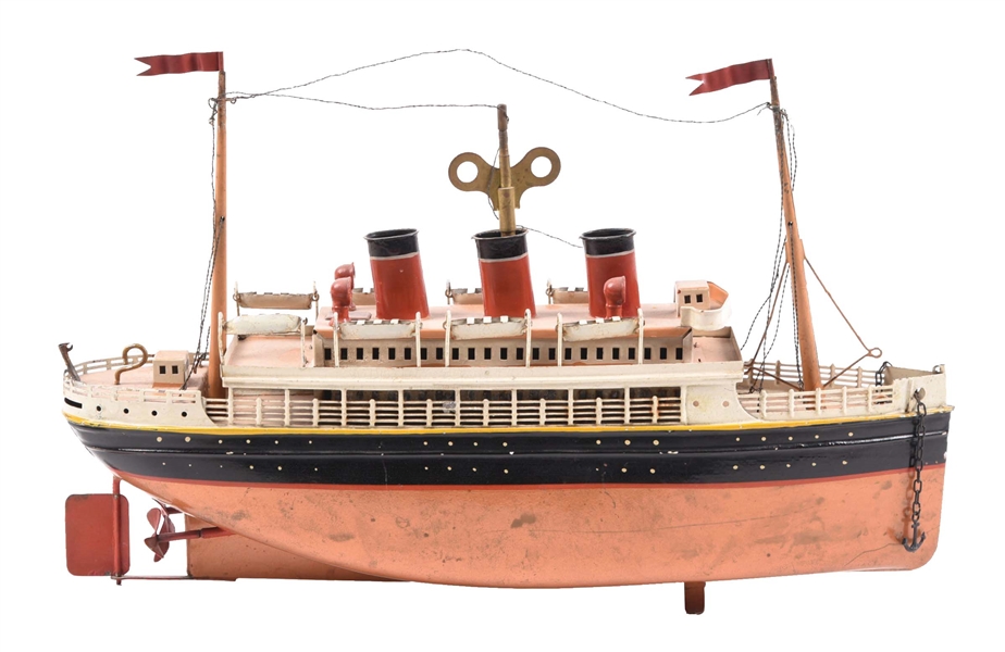 GERMAN BING TIN LITHO & HAND-PAINTED 3-STACK OCEAN LINER TOY