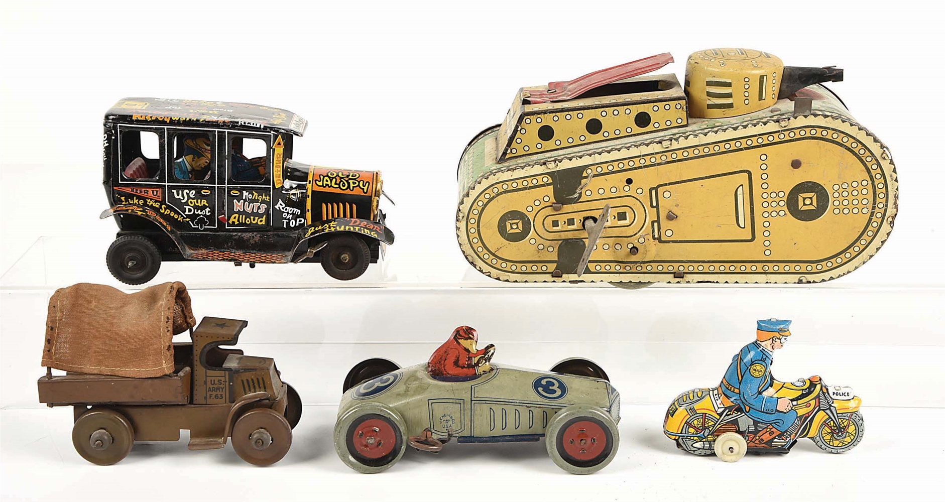 LOT OF 5: VARIOUS AMERICAN-MADE TIN LITHO WIND-UP VEHICLE TOYS