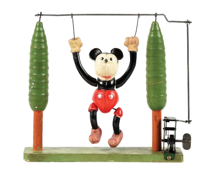SCARCE PRE-WAR JAPANESE CELLULOID & WOOD WIND-UP MICKEY MOUSE ON SWING