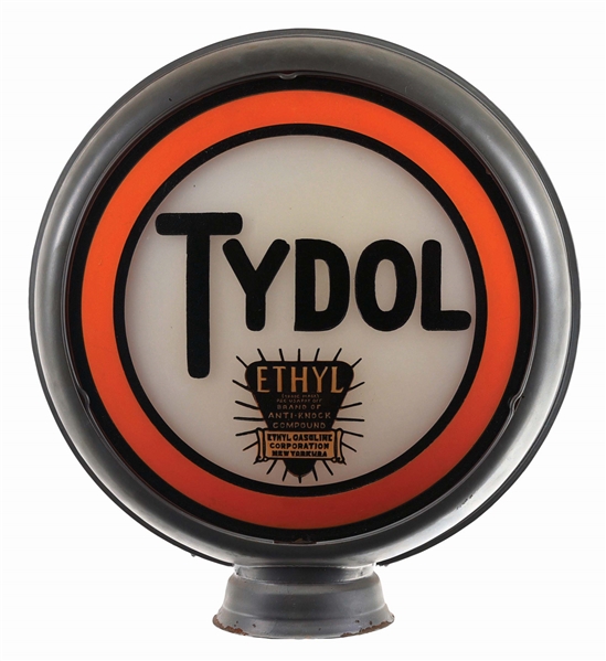 TYDOL ETHYL GASOLINE COMPLETE 15" CAST MILK GLASS GLOBE LENSES ON METAL HIGH PROFILE BODY. 