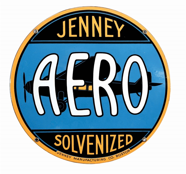 OUTSTANDING JENNEY AERO SOLVENIZED GASOLINE PORCELAIN PUMP PLATE SIGN W/ AIRCRAFT GRAPHIC. 