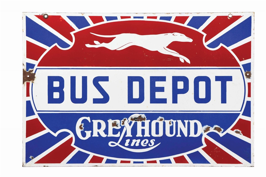 GREYHOUND LINES BUS DEPOT PORCELAIN SIGN.