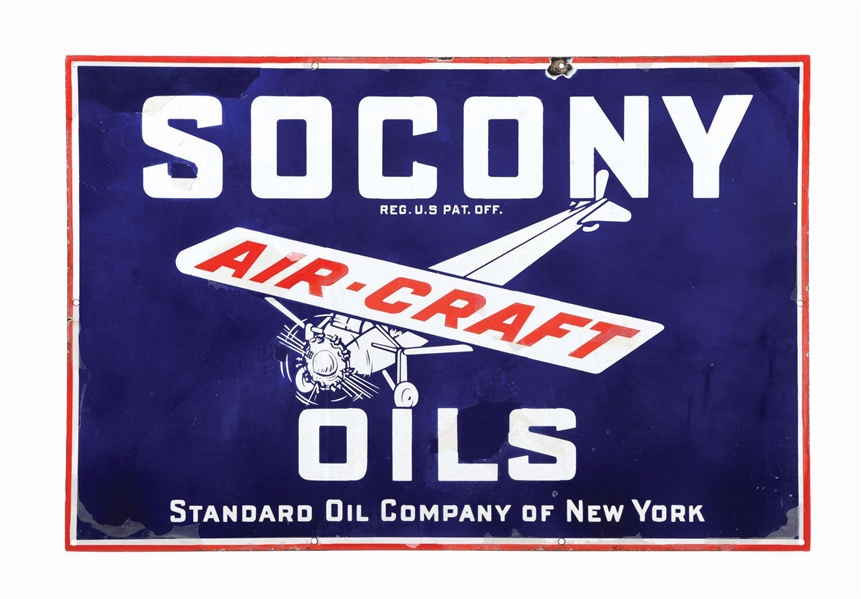 SOCONY AIR-CRAFT OILS PORCELAIN SIGN WITH AIRPLANE GRAPHIC.